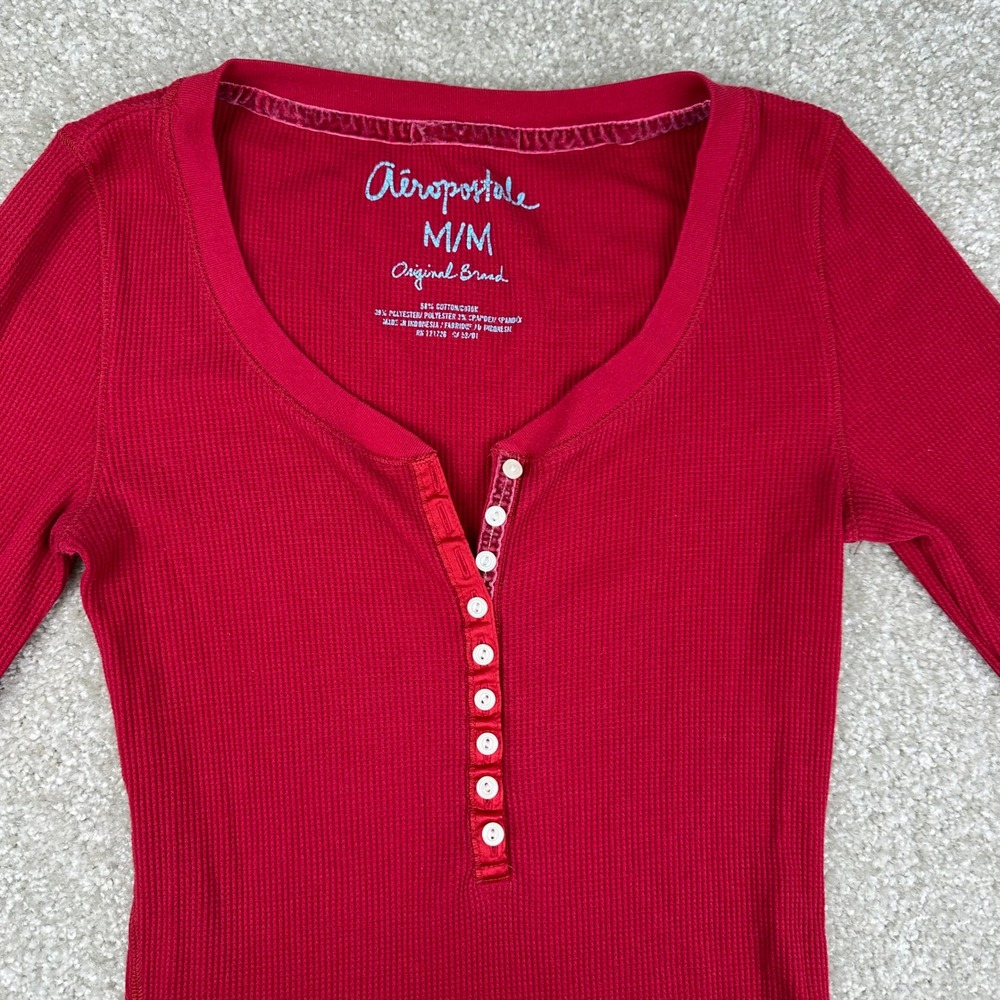 Aeropostale Henley Top Medium Red Waffle Knit Thermal Long Sleeve Y2K Indie Slim - Picture 4 of 8
